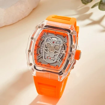 Роскошные часы Мужская мода Водонепроницаемый Выдолбленный кристалл Оригинальные кварцевые наручные часы с автоматической датой Часы с Оранжевым силиконовым ремешком