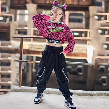 Рукава Повседневные Брюки-карго, одежда для танцев в стиле хип-хоп, Уличная одежда для Рейва, Новый Джазовый Танцевальный костюм, Розовый Леопардовый топ для девочек, Длинный