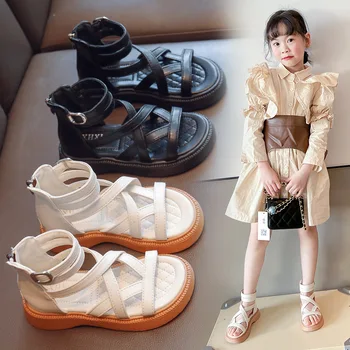 Сандалии для девочек 2023, Летняя новинка, римские туфли с высоким берцем для маленькой принцессы, Шикарная простая однотонная детская мода в корейском стиле на молнии из искусственной кожи