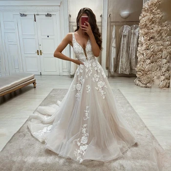 Свадебное платье из 3D кружева с глубоким V-образным вырезом для женщин, сексуальные свадебные платья с аппликацией из тюля и открытой спиной, сшитые на заказ 2023 г.