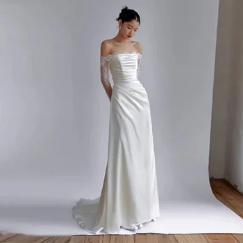 Свадебное платье с Длинным Рукавом и Кружевами из Белого Атласа Для невесты Bu10142