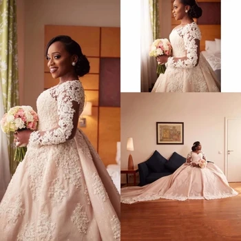 Свадебные платья с длинными рукавами в Африканском Нигерийском стиле, бусины, кристаллы, кружевные аппликации, платье со шлейфом, свадебные платья на заказ