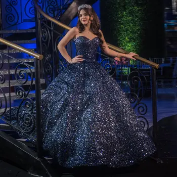 Сверкающее Голубое Пышное Платье 2024 Принцесса Выпускного Вечера Бальное Платье Милая 16 XV Лет Мисс Платье На День Рождения Конкурс Красоты Мексиканский
