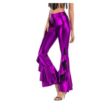 Сексуальные брюки из искусственной кожи с металлическим отливом, блестящие голографические расклешенные брюки для женщин и девочек, брюки-клеш с эластичной резинкой на талии, клубная одежда