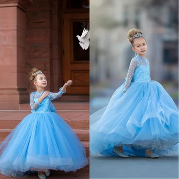 Синее кружевное платье в цветочек с длинным рукавом для девочки 2-14 лет, бальное платье принцессы для празднования Первого причастия