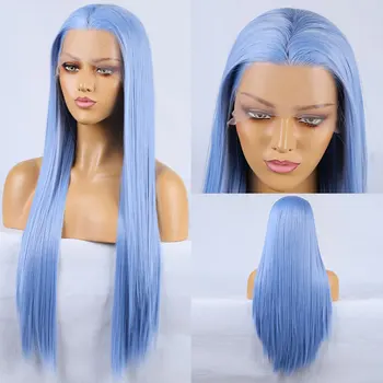 Синие синтетические волосы, парики на кружеве, Бесклеевые Прямые, из высококачественного термостойкого волокна, Предварительно выщипанные по линии роста волос для женщин