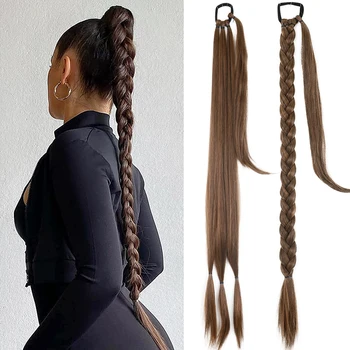 Синтетические волосы длиной 34 дюйма, заплетенные в конский хвост для наращивания волос для женщин, Черный Коричневый конский хвост с веревкой для волос, высокотемпературное волокно