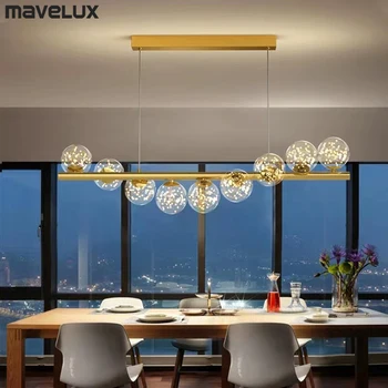 Современная длинная потолочная люстра с подвесными стеклянными шариками, светодиодная для стола, столовой, кухни, подвесной светильник, лампы для декора помещений