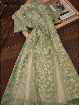 Современное женское французское Винтажное платье Cheongsam 2023 года высокого качества с изысканным коротким рукавом, Новое Китайское Улучшенное Фиолетово-Зеленое Ципао