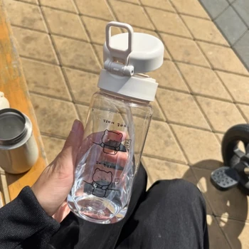 Спортивная бутылка для воды с откидной крышкой Уличная бутылка для воды с соломинкой Пластиковая портативная чашка для воды Столовая посуда Походная велосипедная бутылка Kawaii