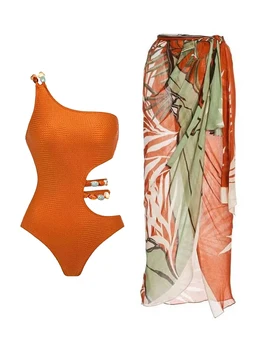 Стильный Ретро-оранжевый Дизайн Талии с одним плечом, Выдолбленные детали, Цельный купальник, Летний Приморский Купальник-бикини 2023 Для девочек