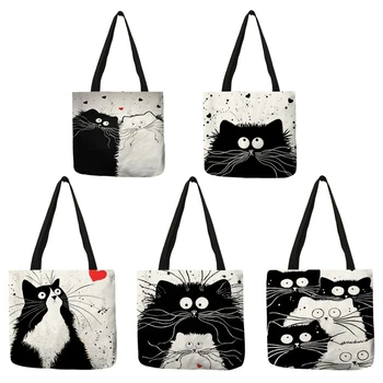 Сумка с милым котом, сумка для покупок из льняной ткани, школьная женская сумка Harajuku, большая вместительная повседневная винтажная сумка в стиле панк