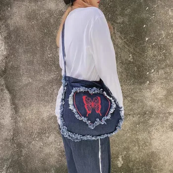 Сумки Y2K из денима через плечо, джинсовая сумка с кисточками, плечевой ремень, модный тренд в японском стиле с принтом бабочки, большая сумка-тоут