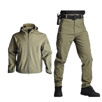 Тактические куртки, мужская куртка Soft Shell, армейский ветрозащитный камуфляжный охотничий костюм, военная походная куртка из кожи акулы + брюки XS-5XL