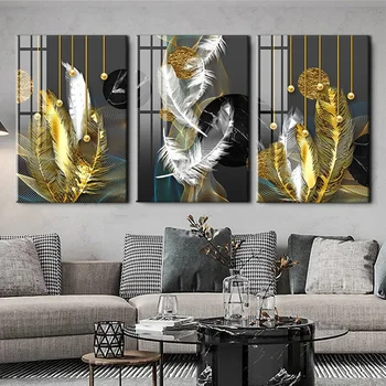 Триптих 3 панели Абстракция Роскошное Золото Белое перо Полная Квадратная Круглая Алмазная живопись Вышивка стразами G37