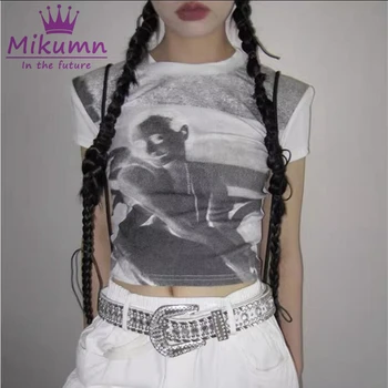 Укороченный топ Mikumn с принтом в стиле ретро, футболка Y2k Grunge с коротким рукавом, женская винтажная летняя шикарная футболка Harajuku, уличная одежда 90-х годов