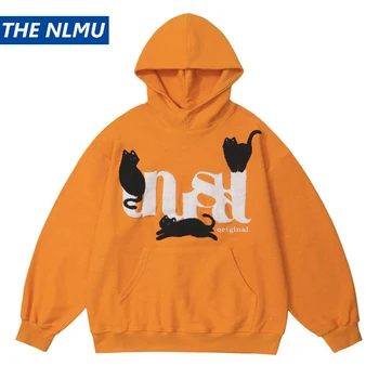 Уличная толстовка с капюшоном в стиле хип-хоп, Оранжевая толстовка с вышивкой Черного кота, толстовки Harajuku, осенний хлопковый мужской пуловер с капюшоном 2023