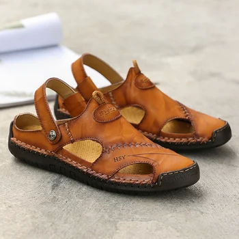 Уличные мужские сандалии из натуральной кожи, летняя пляжная повседневная обувь с нескользящим носком и защитой от столкновений, обувь для пеших прогулок, мужская обувь для путешествий