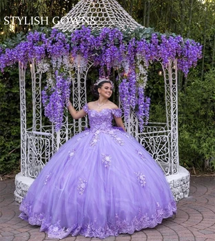 Фиолетовое бальное платье с открытыми плечами, пышное платье с аппликацией из бисера, платья для дня рождения, платья для выпускного вечера, Vestido De 15 Anos с бантом