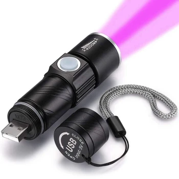 Фонарик с ультрафиолетовым излучением 2x395nm Blacklight USB Перезаряжаемый светодиодный фонарик Водонепроницаемая инспекционная лампа для анализа мочи домашних животных