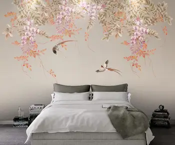 фотообои beibehang на заказ, обои для гостиной, фон для телевизора, цветы глицинии, птицы, обои, домашний декор, 3D наклейки