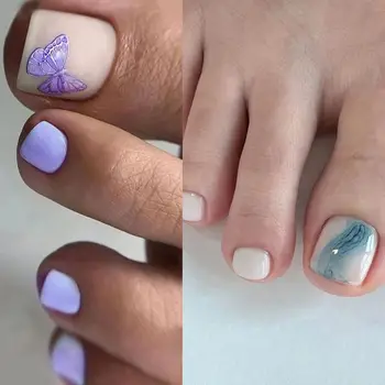 Французские накладные ногти на ногах Окрашивание River Halo Короткие квадратные ногти на ногах Romantic Butterfly Ногти на ногах с полным покрытием для женщин и девочек
