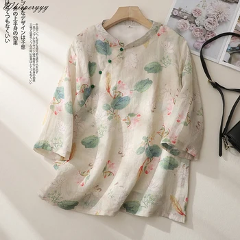 Хлопчатобумажная льняная рубашка в китайском стиле, женские летние свободные топы из тонкого льна с принтом, женская фарфоровая блузка