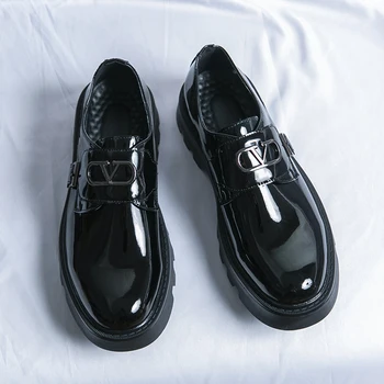 Черные мужские лоферы из лакированной кожи на платформе, без застежки, с круглым носком, деловая роскошная обувь, Бесплатная доставка, Размер 38-45