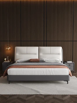 Чрезвычайно простая кожаная кровать современная простая легкая роскошная небольшая бытовая кровать для хранения вещей с двуспальной сеткой красного цвета 1,8 метра