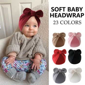 Шапка-тюрбан для новорожденных девочек и мальчиков, милая шапка с заячьими ушками в виде цветочного узла, хлопковые шапочки-бини для детей, аксессуары для волос для малышей