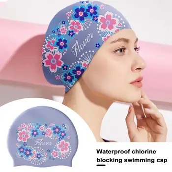 Шапочка для плавания Силиконовая нескользящая шапочка для бассейна Дизайн печати Шляпа для защиты ушей Спортивные шапочки для плавания для женщин