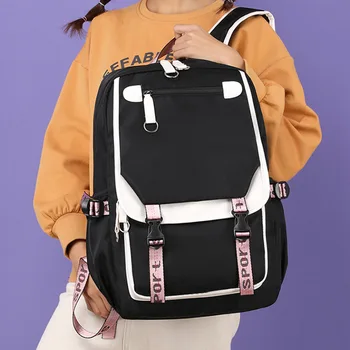 Школьный рюкзак для подростков с USB-портом, сумка для студенческих книг, школьные сумки большой емкости для девочек-подростков, модный черно-розовый холщовый школьный рюкзак