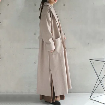 Элегантное длинное женское пальто с воротником-поло, модная верхняя одежда для пригородных поездок на шнуровке, шерсть коричневого цвета