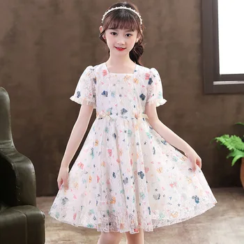 Элегантное платье для девочек 110-160, Повседневные платья Принцессы, Костюмы с вышивкой и бабочками, Детские платья с цветочным рисунком