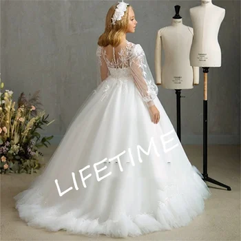 Элегантное прозрачное свадебное платье с круглым вырезом и длинным рукавом для торжественного случая, кружевное платье в цветочек для девочек