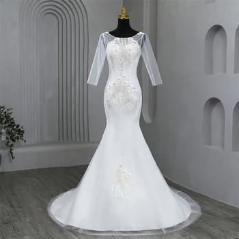 Элегантные свадебные платья с круглым вырезом для женщин Свадебные платья русалки свадебное платье цвета слоновой кости vestidos de novia с рукавом свадебное платье