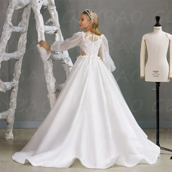Элегантные свадебные платья для девочек в цветочек из белого тюля с пышными длинными рукавами, кружевные аппликации принцессы, праздничное платье для Первого причастия