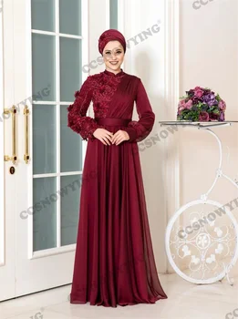Элегантный арабский кафтан с аппликацией и высоким воротом, мусульманские вечерние платья, атласное вечернее платье исламской формы.