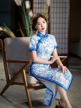 Элегантный летний шелковый синий Чонсам для подиума, банкета, элегантного ретро Ципао, традиционной китайской одежды, вечернего платья для женщин