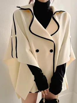 Элегантный плащ, пальто контрастного цвета для женщин 2023, Зимне-осенняя верхняя одежда, подшитый отложной воротник, свободный топ, женское шерстяное пальто