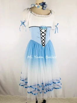Юбка-пачка Жизель в крестьянских вариациях, Длинная юбка на заказ, синее градиентное белое платье с цветочной вышивкой.